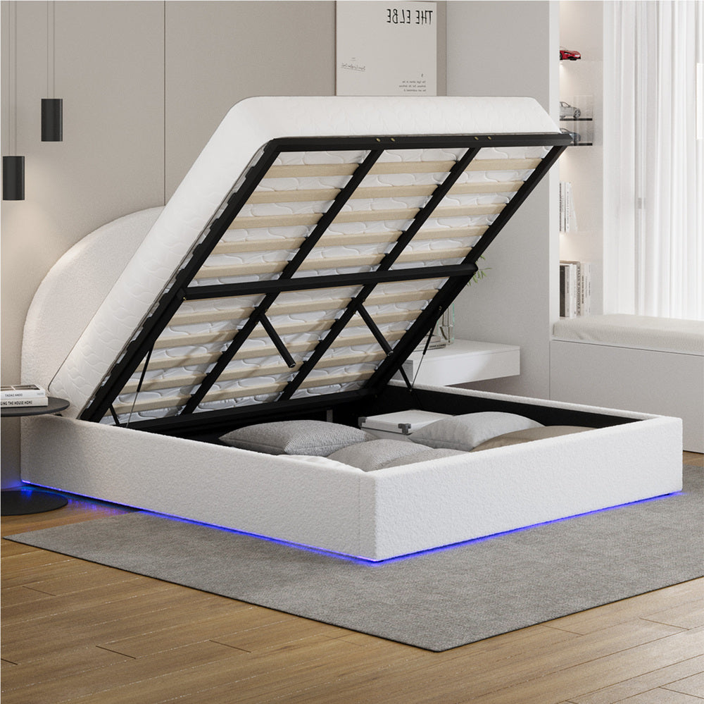 Oikiture Bed Frame King Size With Gas Lift Storage Base LED Lights Boucle White