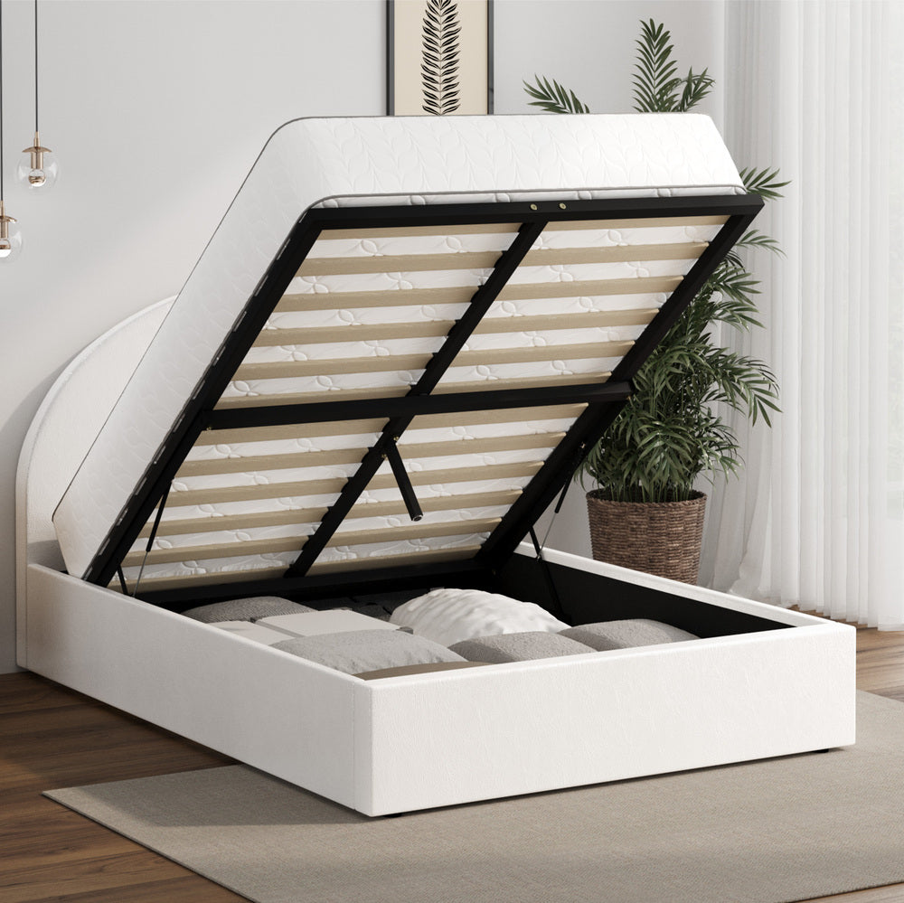 Oikiture Bed Frame King Single With Gas Lift Base PU Leather White