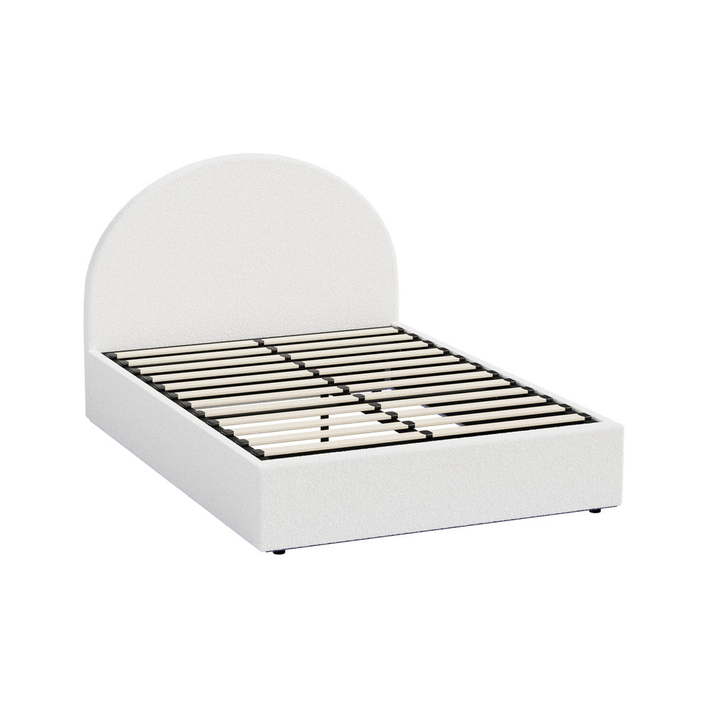 Oikiture Bed Frame Queen Size With Gas Lift Storage Base LED Lights Boucle White