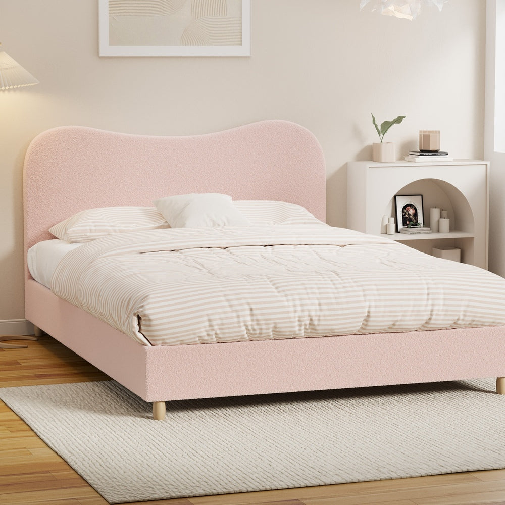 Oikiture Bed Frame Double Size Pink Boucle Cloud Shape