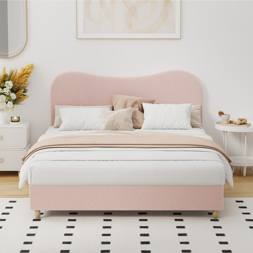Bed Frame Queen Size Pink Boucle Cloud Shape