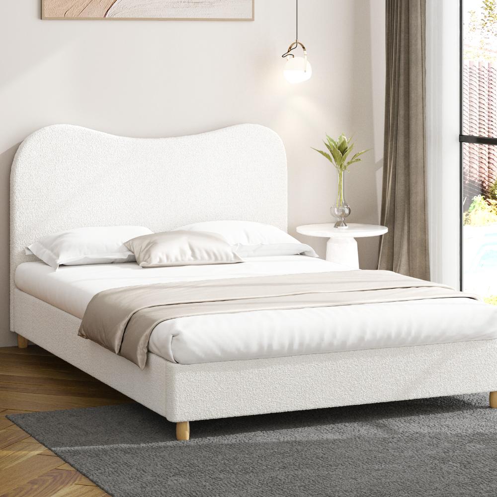 Bed Frame Queen Size White Boucle Cloud Shape