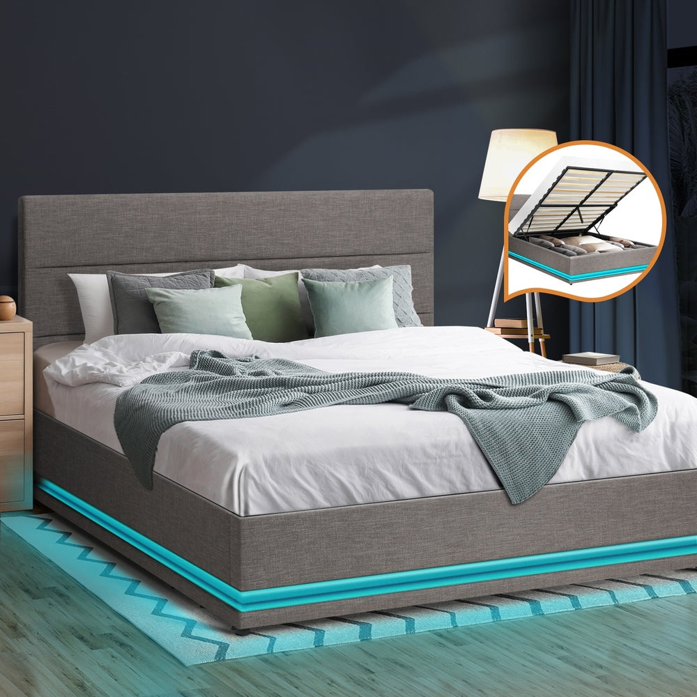 Double Bed Frame with Gas Lift LED Storage Space Grey