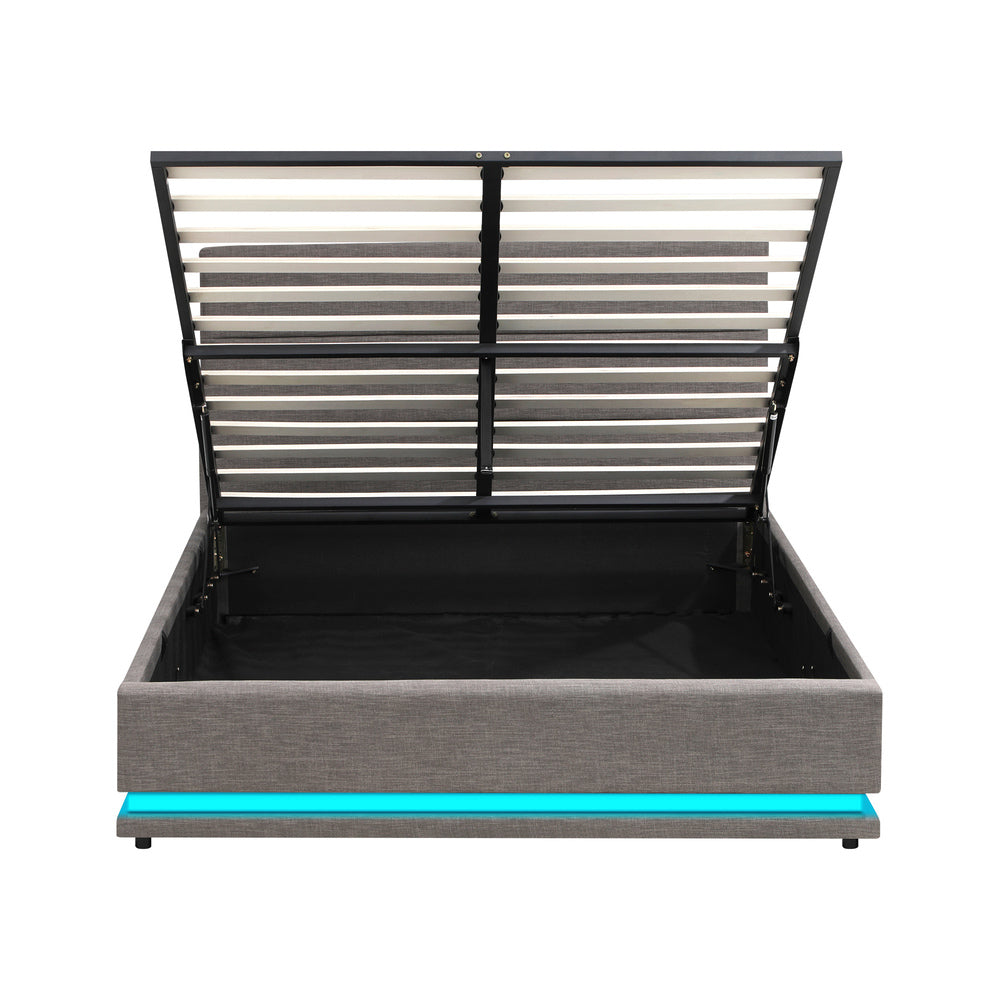 Double Bed Frame with Gas Lift LED Storage Space Grey