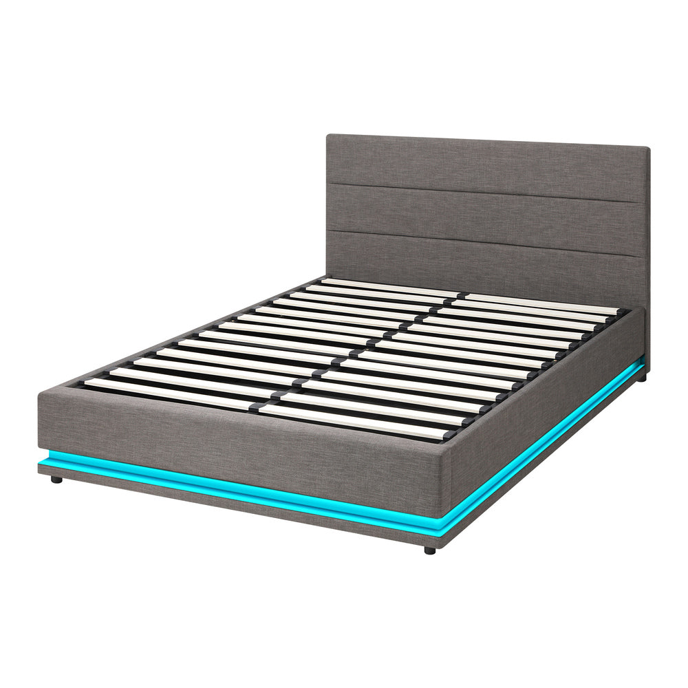 Double Bed Frame with Gas Lift LED Storage Space Grey