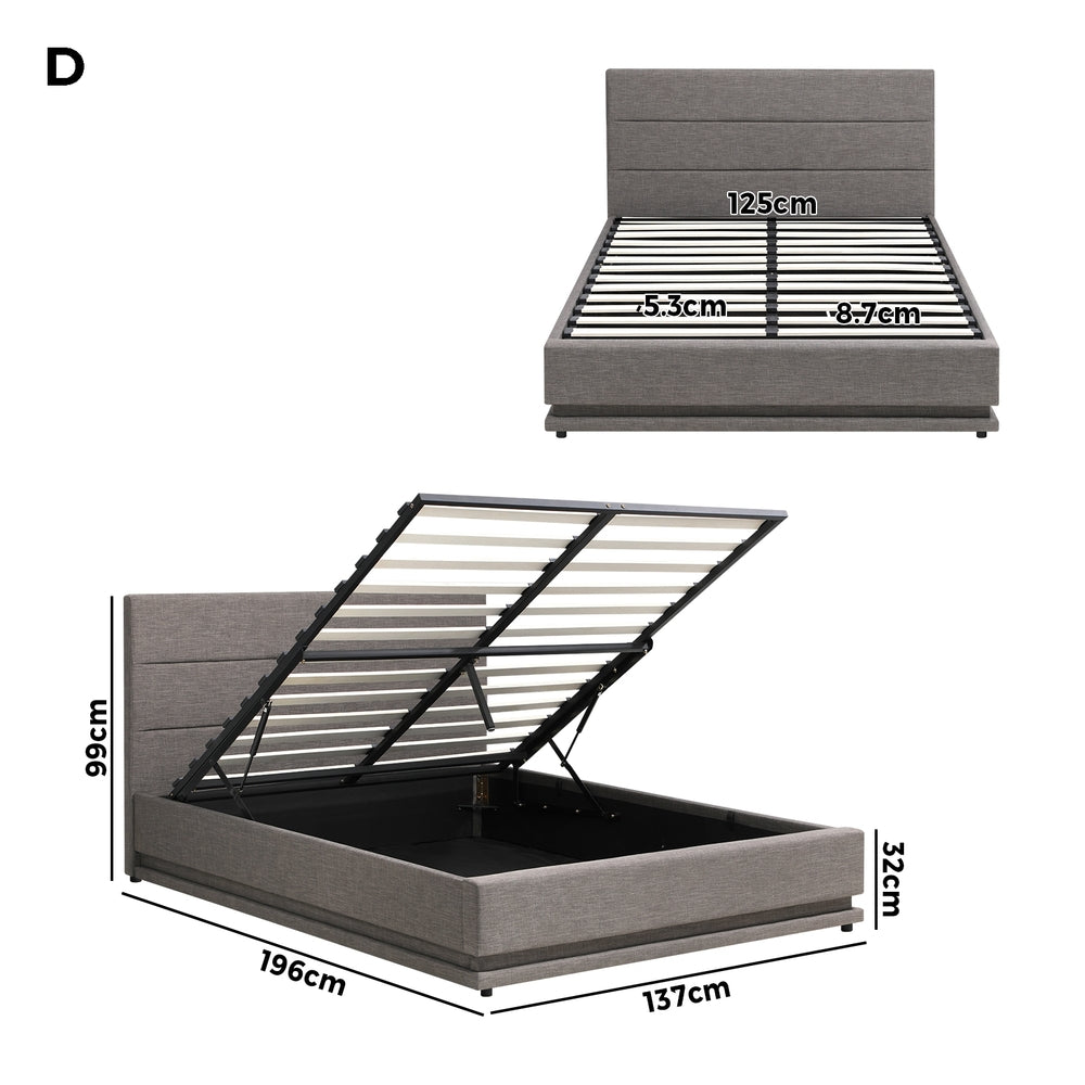 Double Bed Frame with Gas Lift LED Storage Space Grey