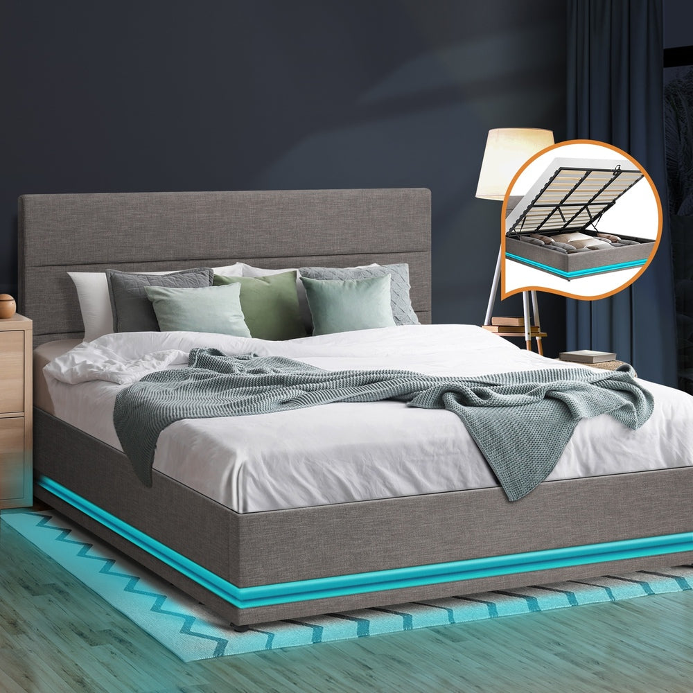 Oikiture King Bed Frame with Gas Lift LED Storage Space Grey
