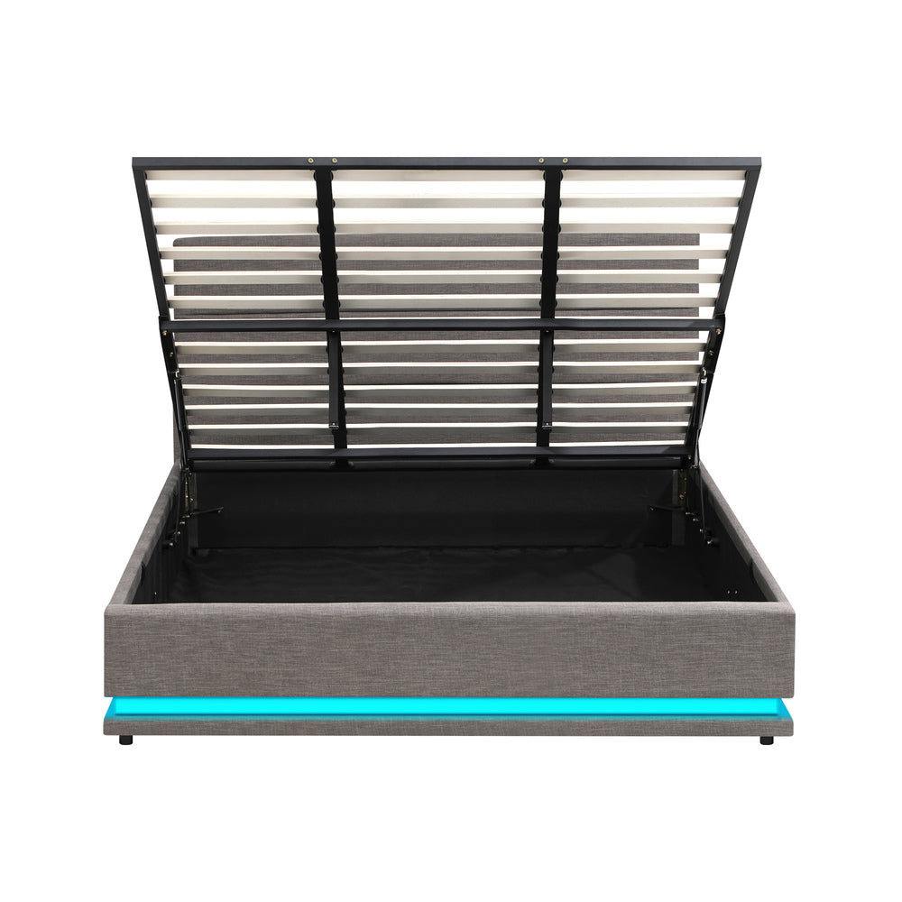 Oikiture King Bed Frame with Gas Lift LED Storage Space Grey