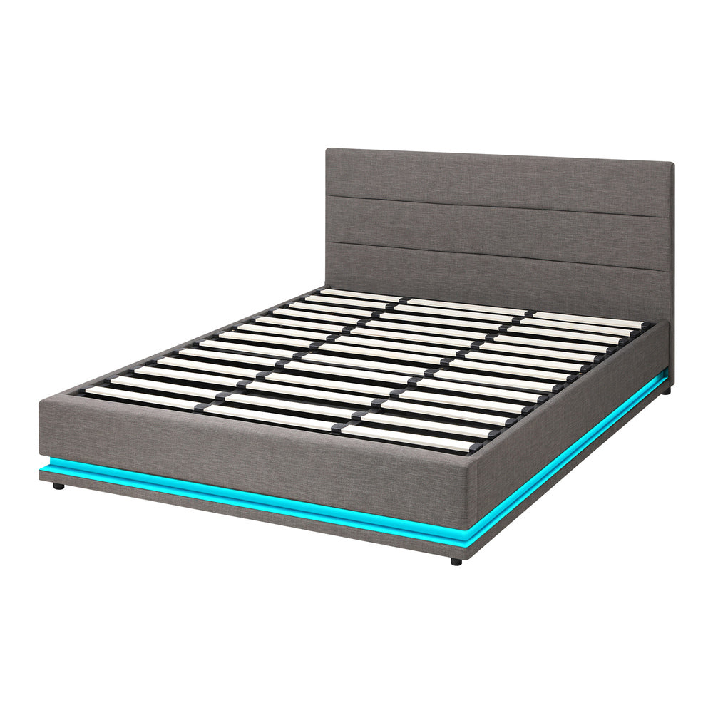 Oikiture King Bed Frame with Gas Lift LED Storage Space Grey