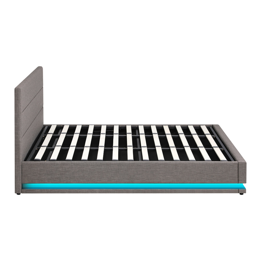 Oikiture King Bed Frame with Gas Lift LED Storage Space Grey