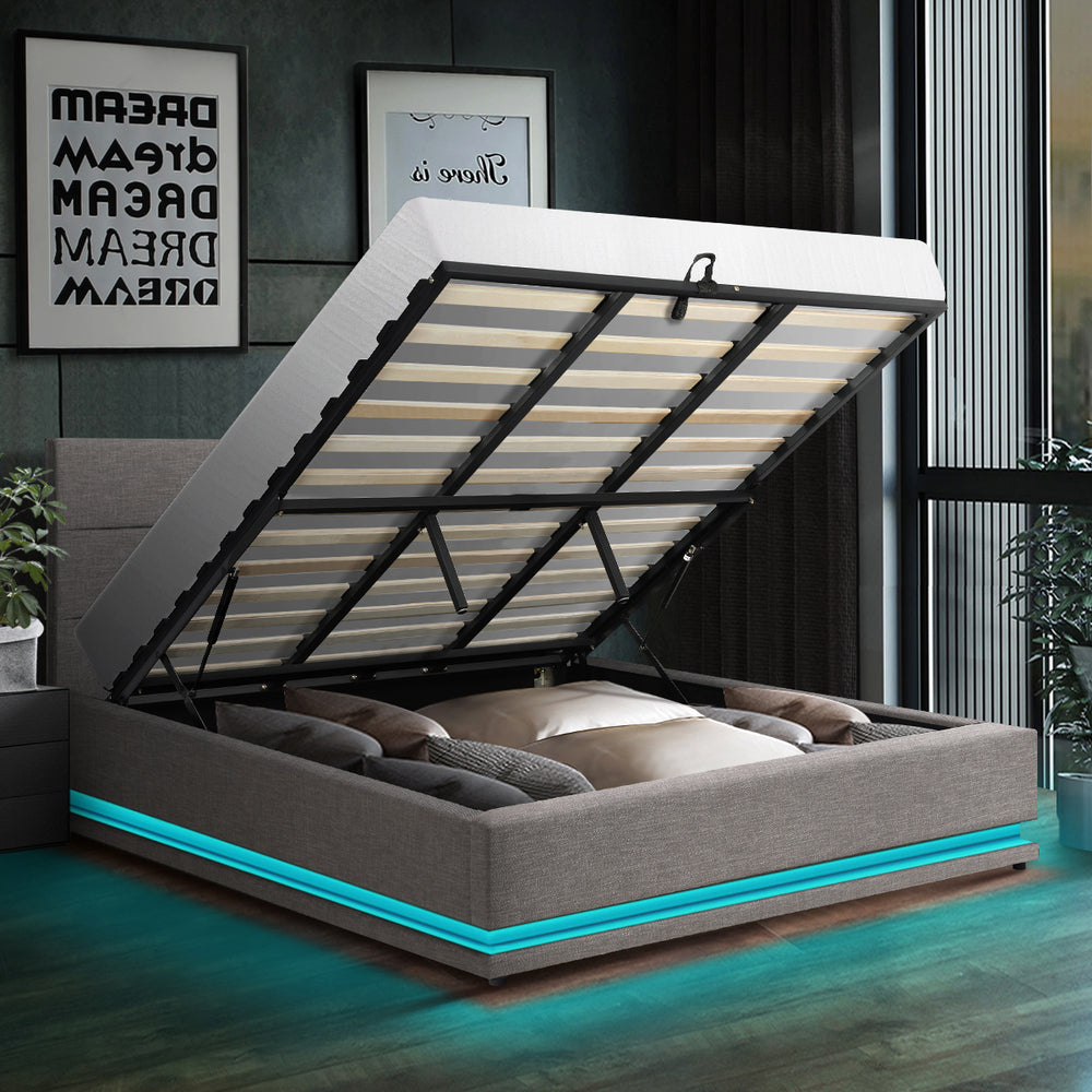 Oikiture King Bed Frame with Gas Lift LED Storage Space Grey