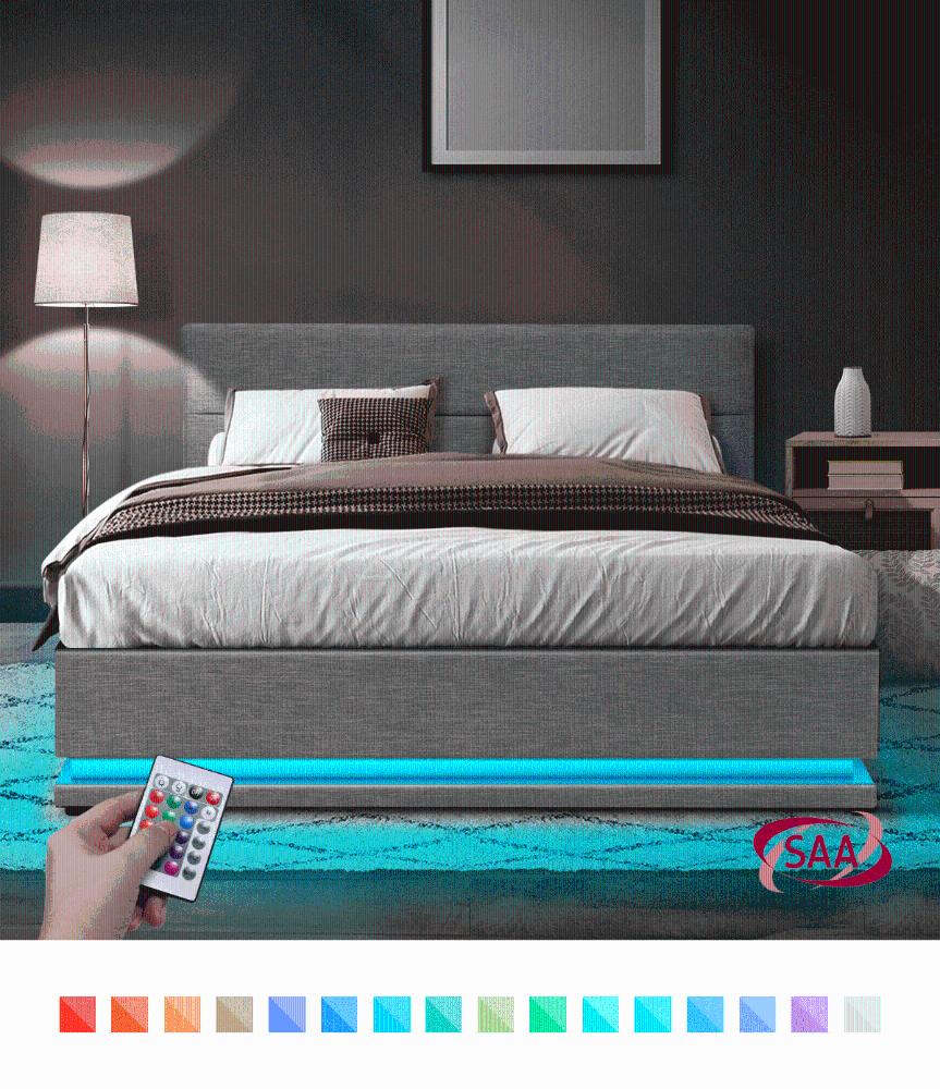 Oikiture King Bed Frame with Gas Lift LED Storage Space Grey