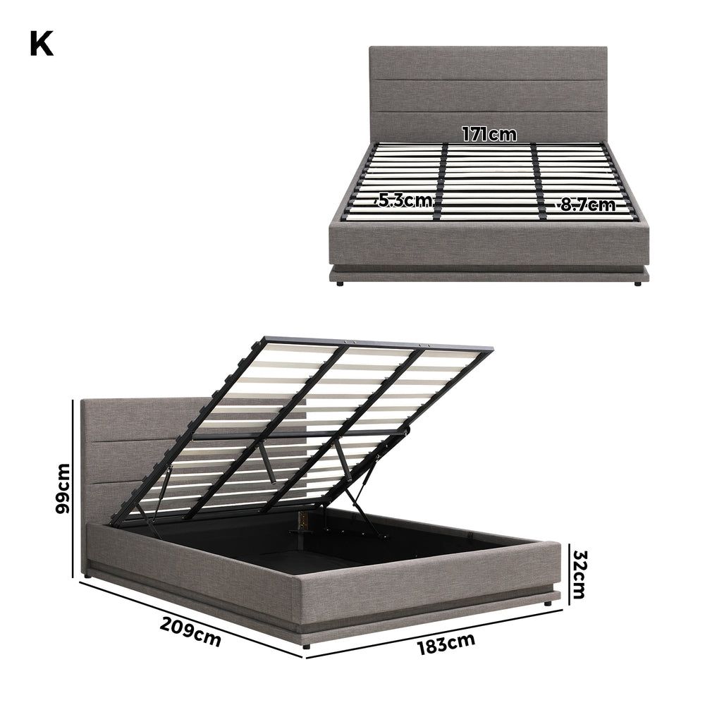 Oikiture King Bed Frame with Gas Lift LED Storage Space Grey