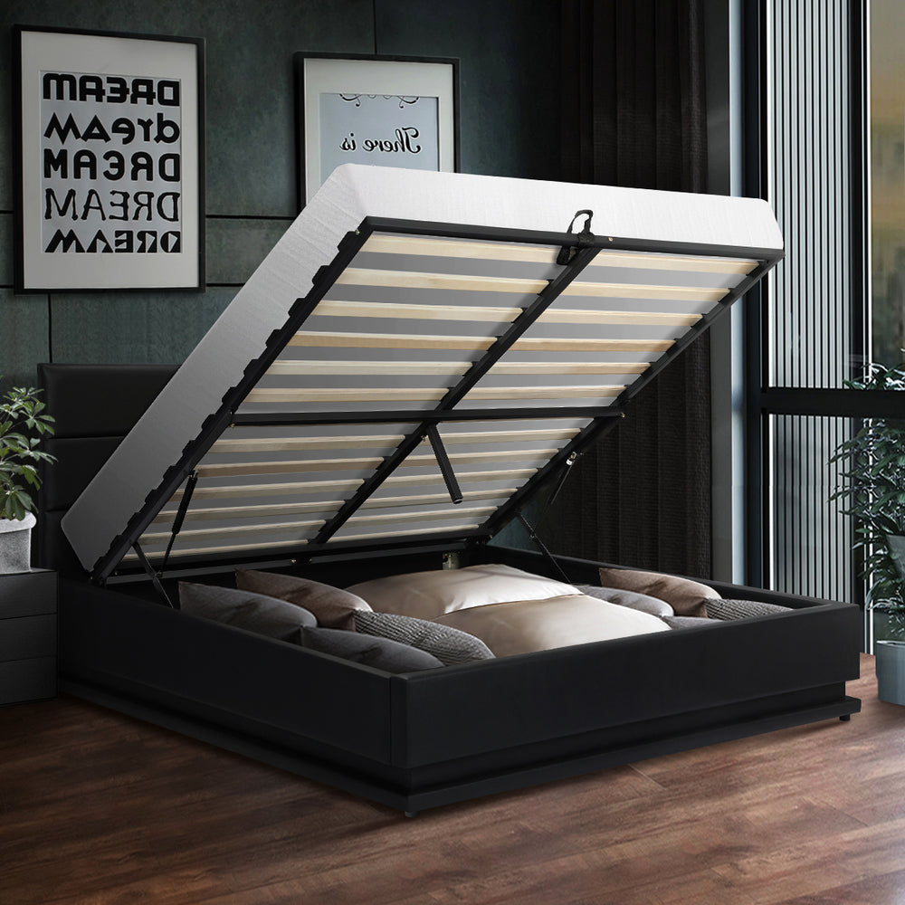Queen Bed Frame Gas Lift RGB Storage Space Black