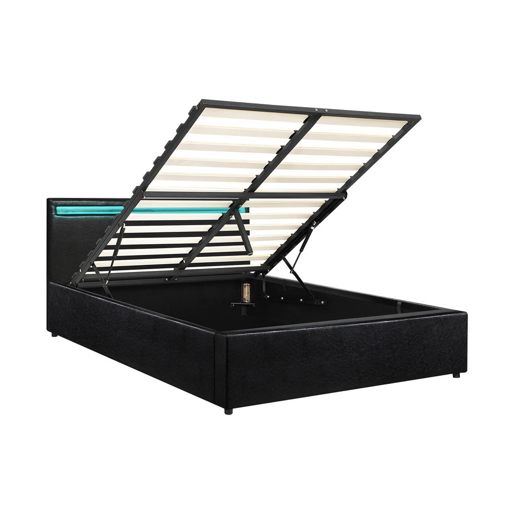 Bed Frame RGB LED Double Size Gas Lift Storage Base Black
