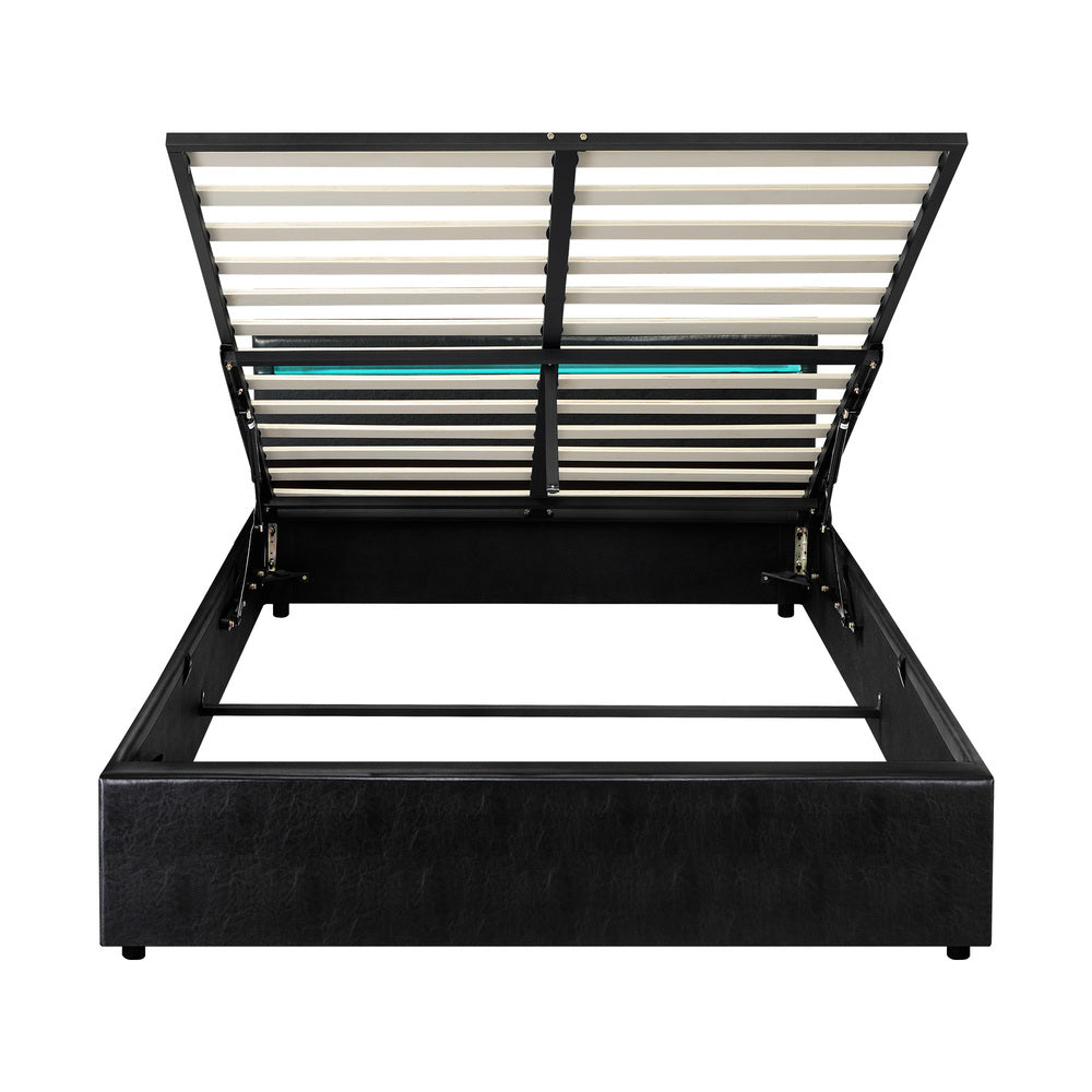 Bed Frame RGB LED Double Size Gas Lift Storage Base Black
