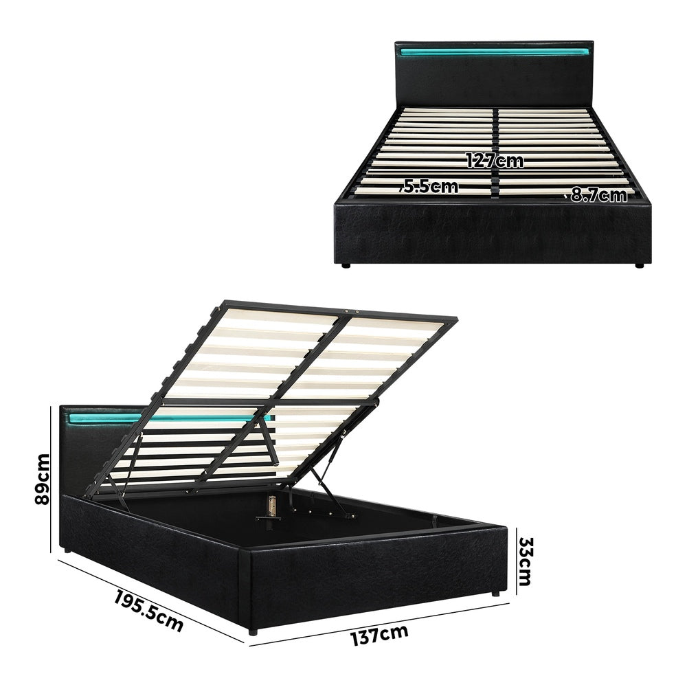 Bed Frame RGB LED Double Size Gas Lift Storage Base Black