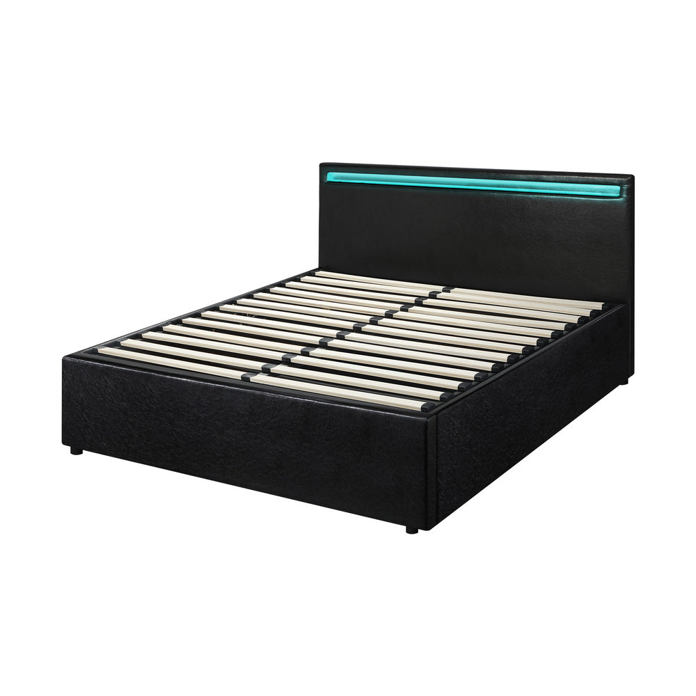 Bed Frame RGB LED Double Size Gas Lift Storage Base Black