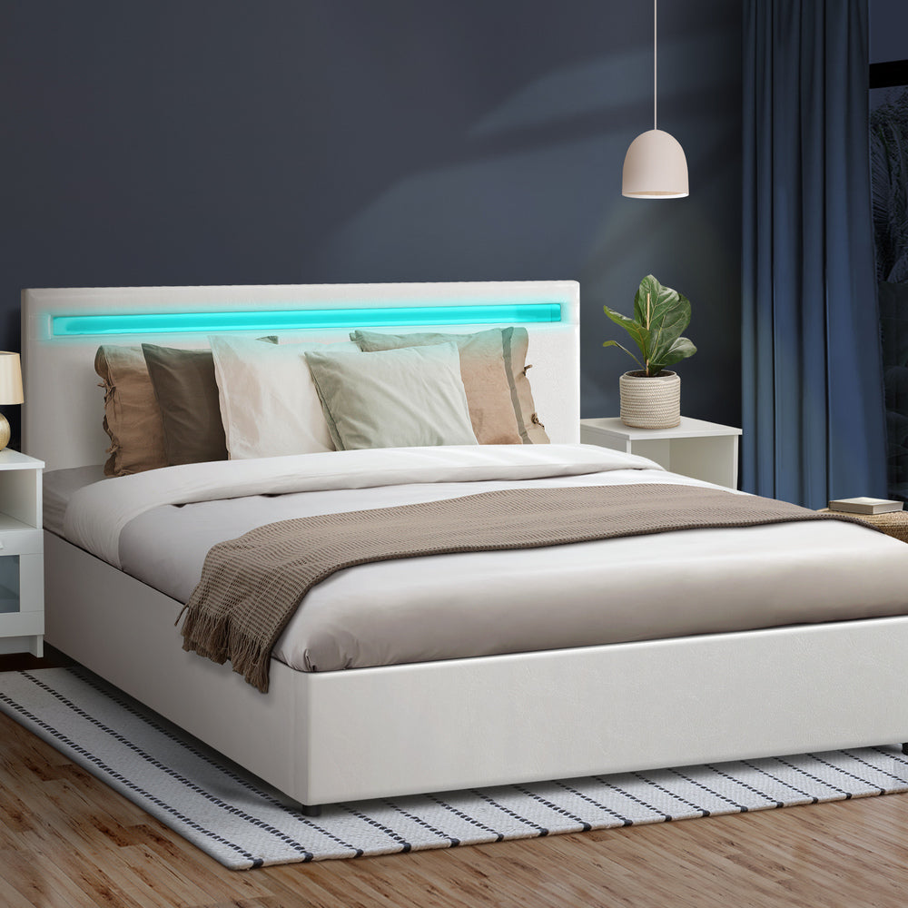 Bed Frame RGB LED Double Size Gas Lift Storage Base White
