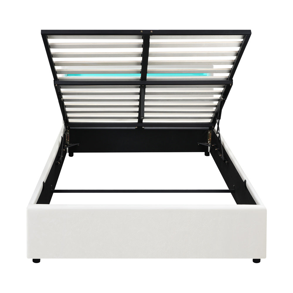 Bed Frame RGB LED Double Size Gas Lift Storage Base White