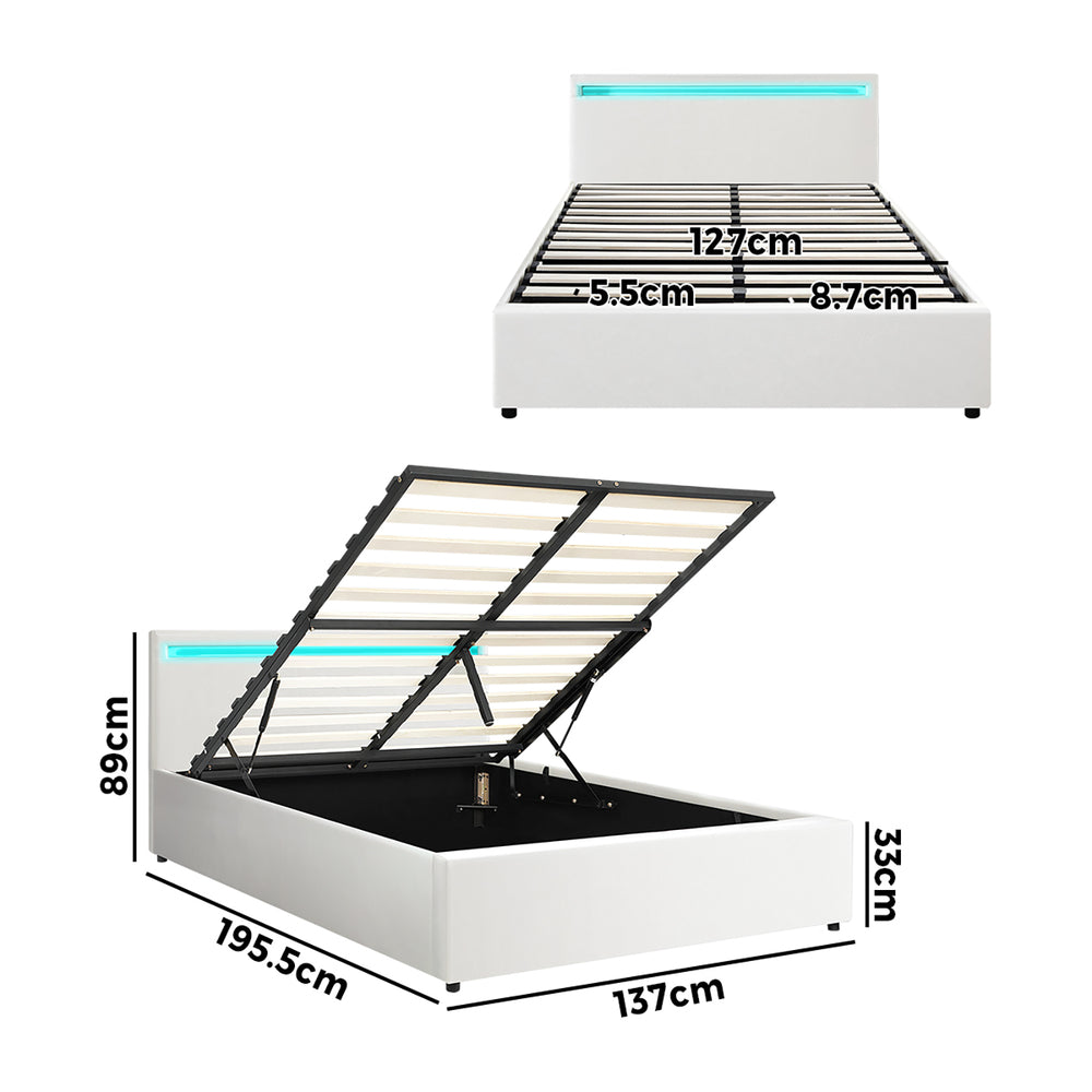 Bed Frame RGB LED Double Size Gas Lift Storage Base White
