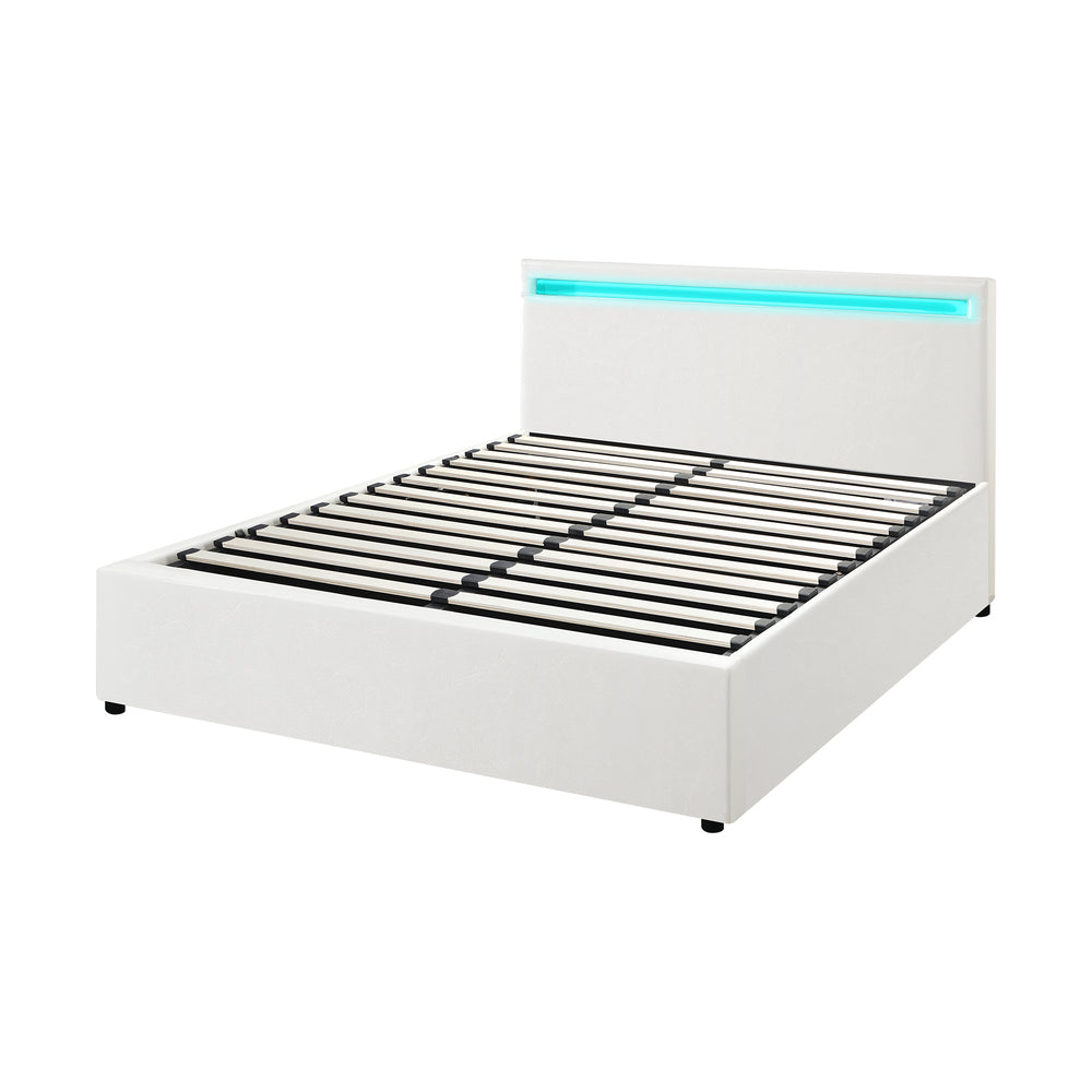 Bed Frame RGB LED Double Size Gas Lift Storage Base White