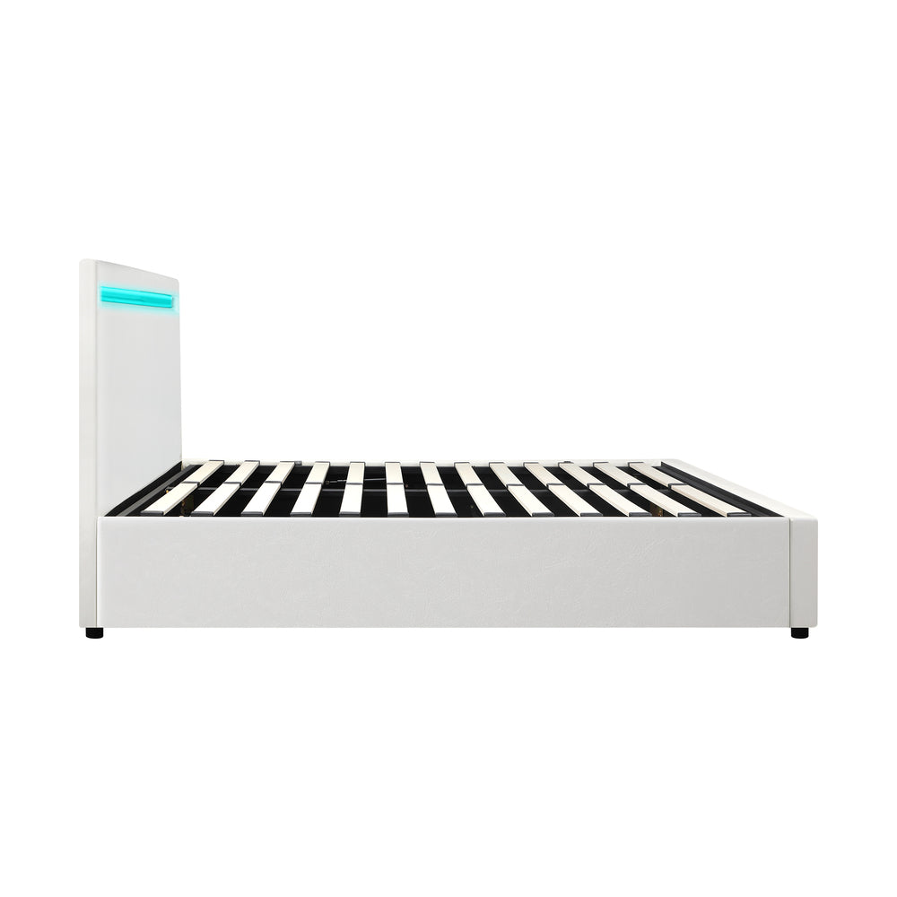 Bed Frame RGB LED Double Size Gas Lift Storage Base White