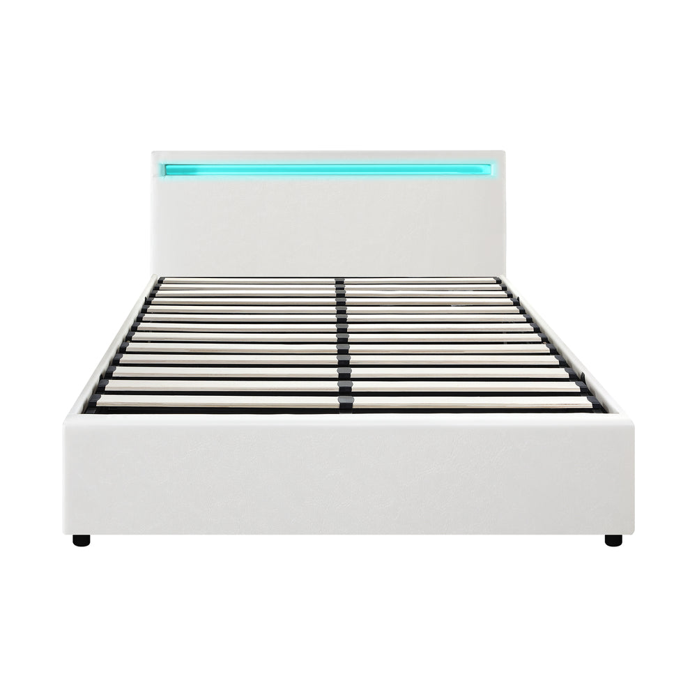 Bed Frame RGB LED Double Size Gas Lift Storage Base White
