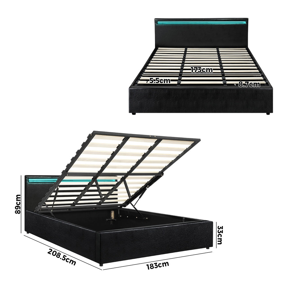 Bed Frame RGB LED King Size Gas Lift Storage Base Black