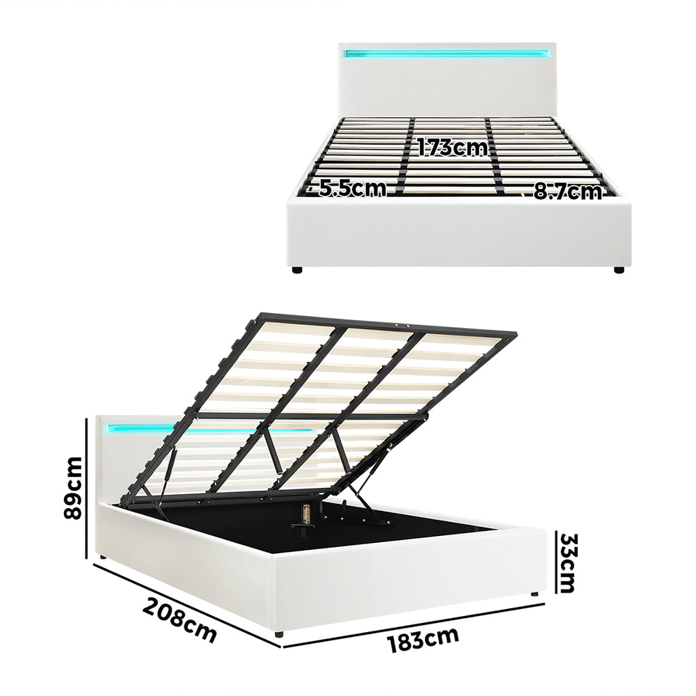 Bed Frame RGB LED King Size Gas Lift Storage Base White