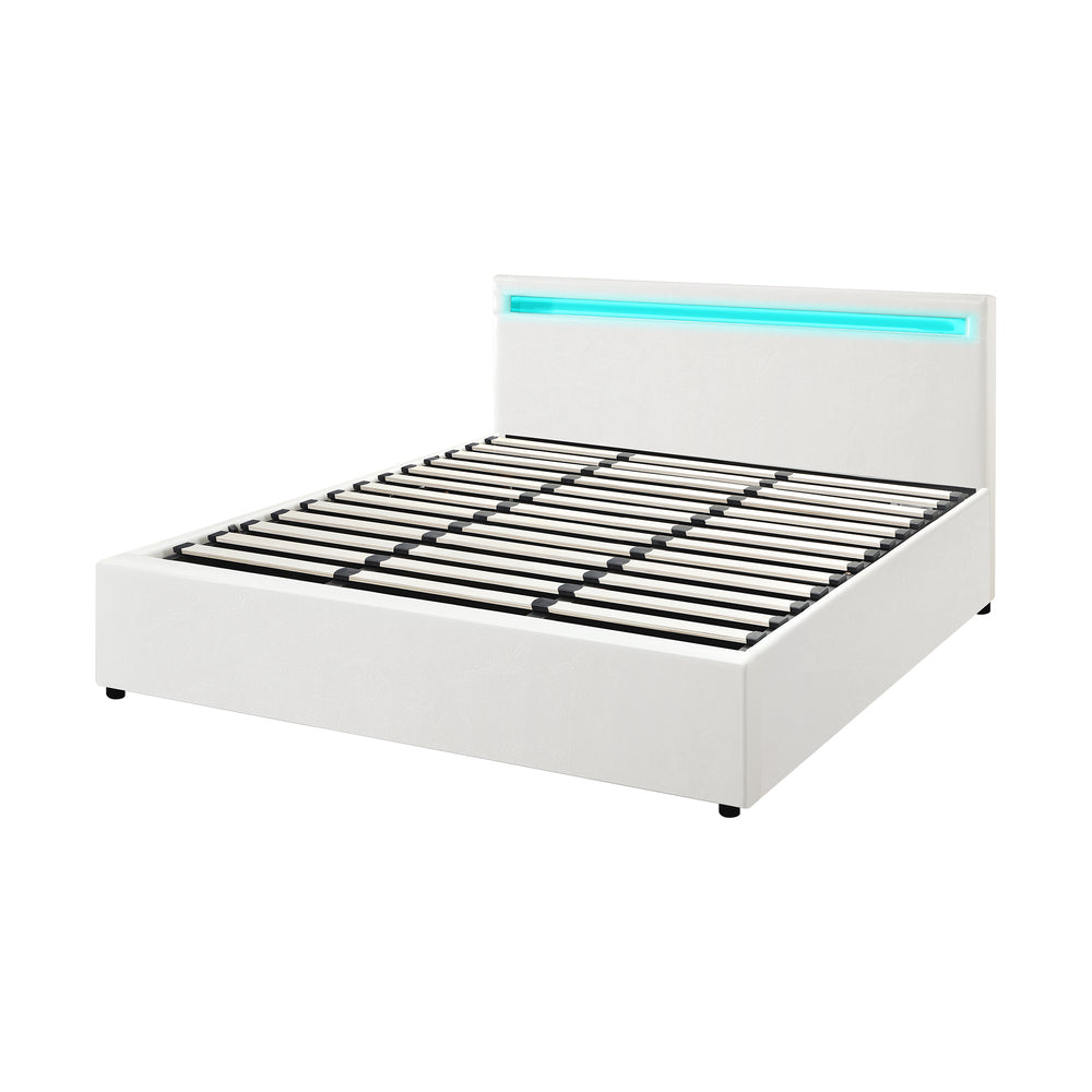 Bed Frame RGB LED King Size Gas Lift Storage Base White