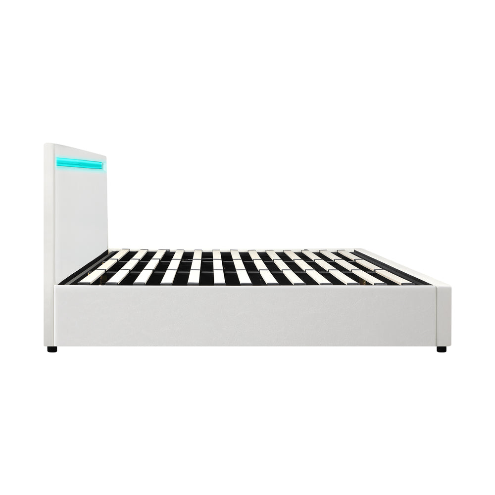 Bed Frame RGB LED King Size Gas Lift Storage Base White