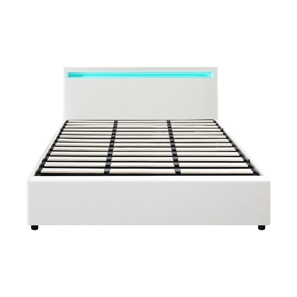 Bed Frame RGB LED King Size Gas Lift Storage Base White