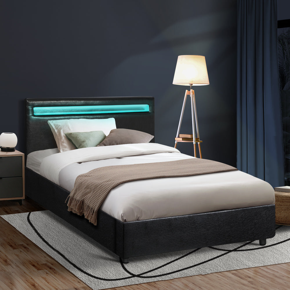 Bed Frame RGB LED King Single Gas Lift Storage Base Black