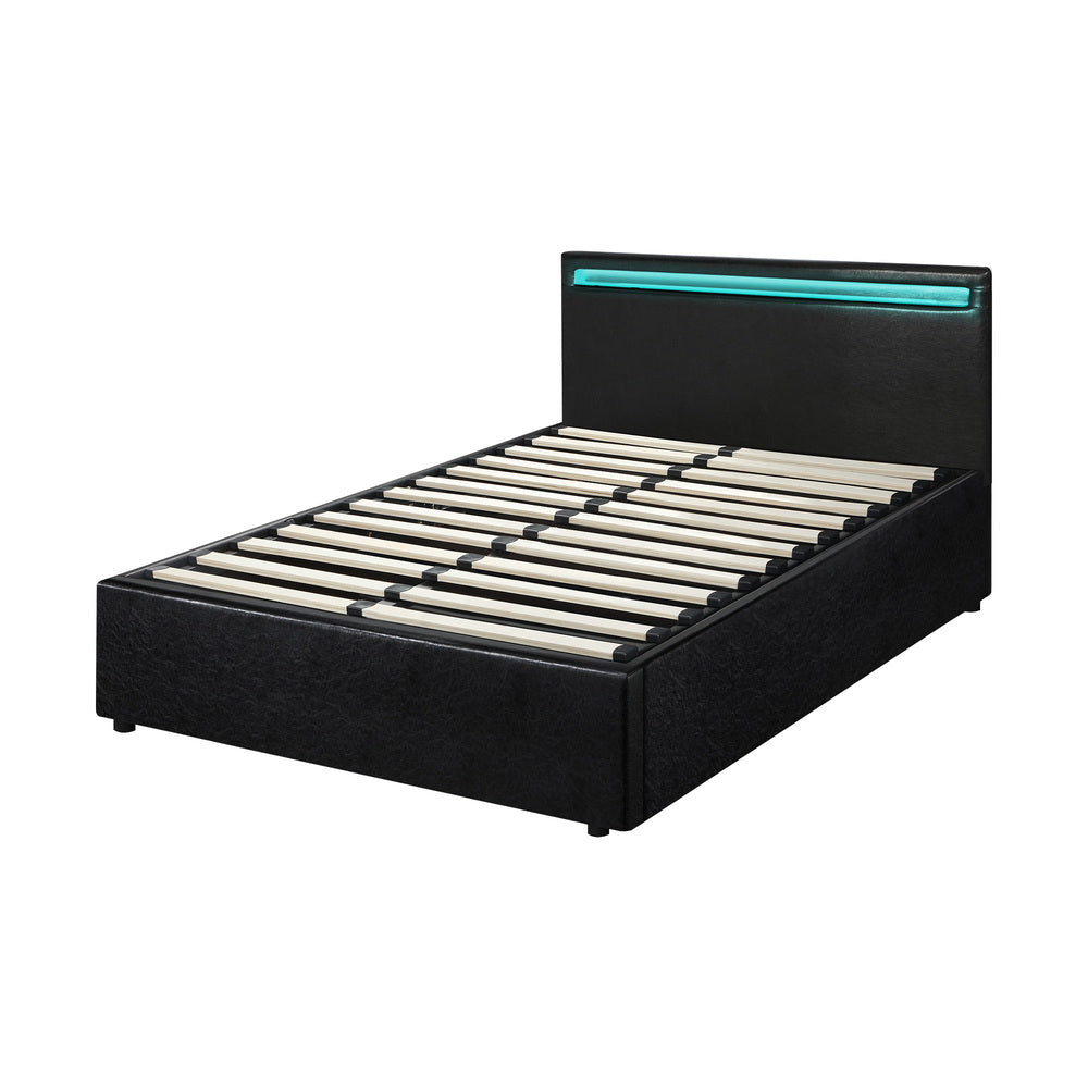 Bed Frame RGB LED King Single Gas Lift Storage Base Black