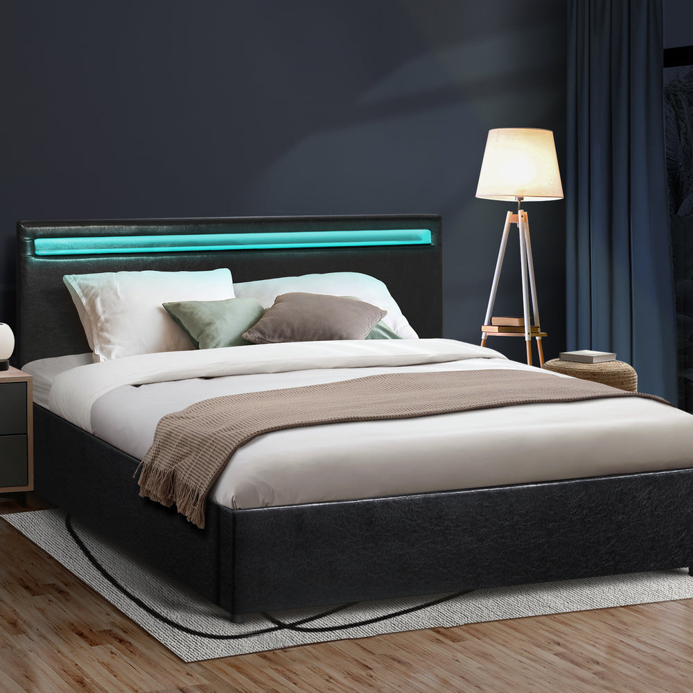 Bed Frame RGB LED Queen Size Gas Lift Storage Base Black