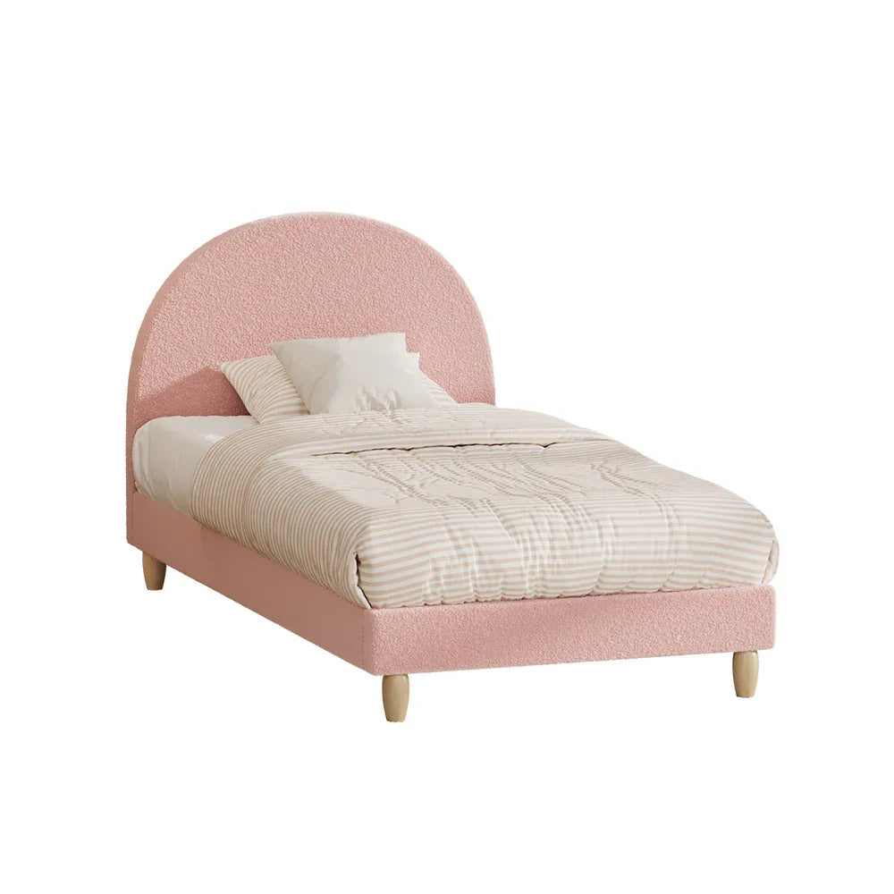 Boucle Bed Frame – Single, Arched Headboard, Solid Wood Slats, Pink