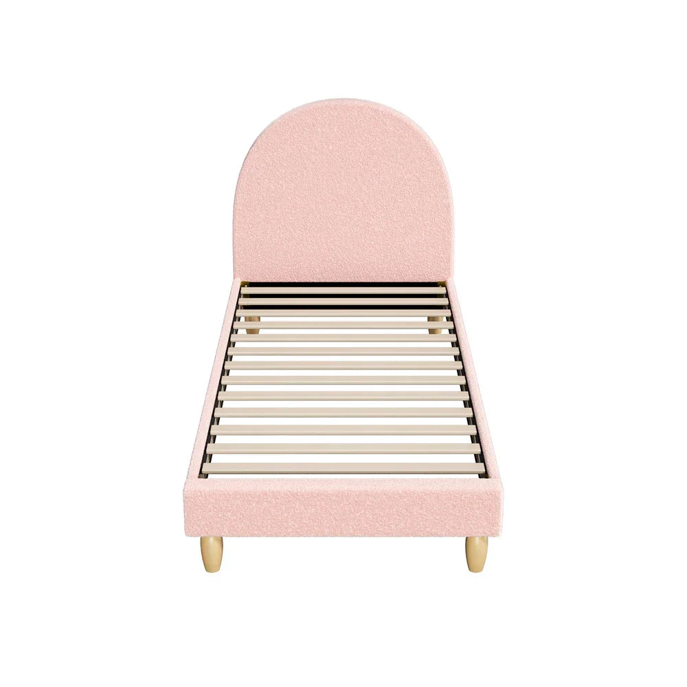Boucle Bed Frame – Single, Arched Headboard, Solid Wood Slats, Pink