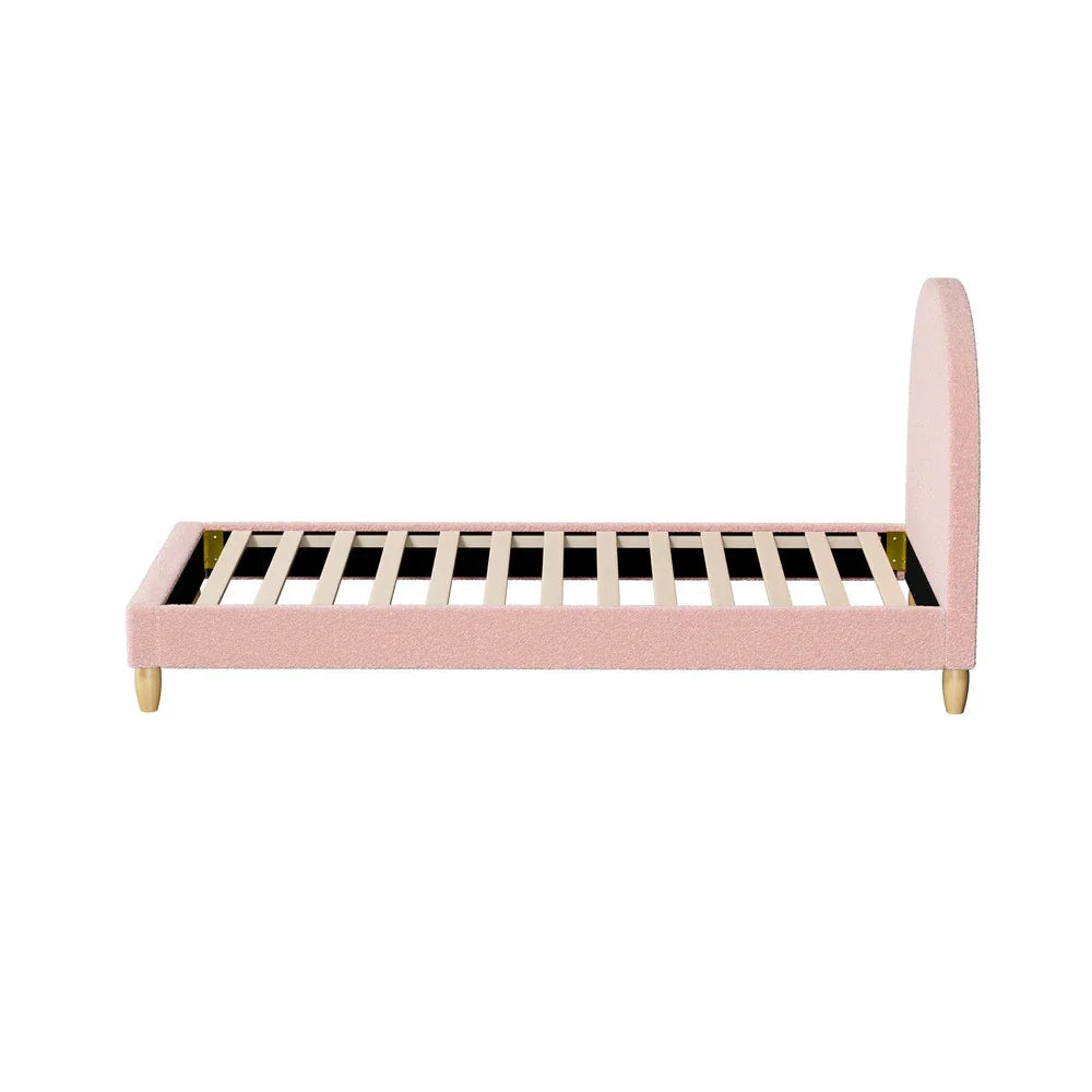 Boucle Bed Frame – Single, Arched Headboard, Solid Wood Slats, Pink