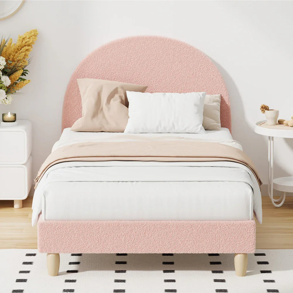 Boucle Bed Frame – Single, Arched Headboard, Solid Wood Slats, Pink