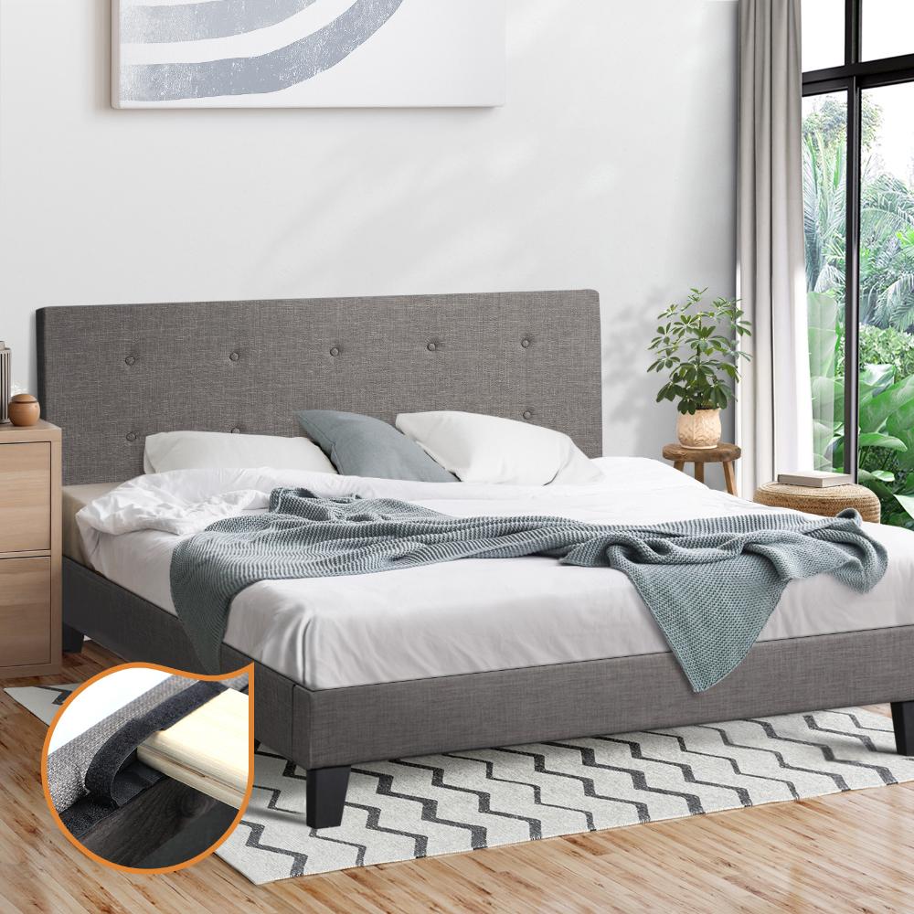Bed Frame Double Size Wooden Fabric Grey