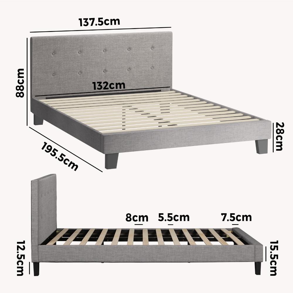Bed Frame Double Size Wooden Fabric Grey
