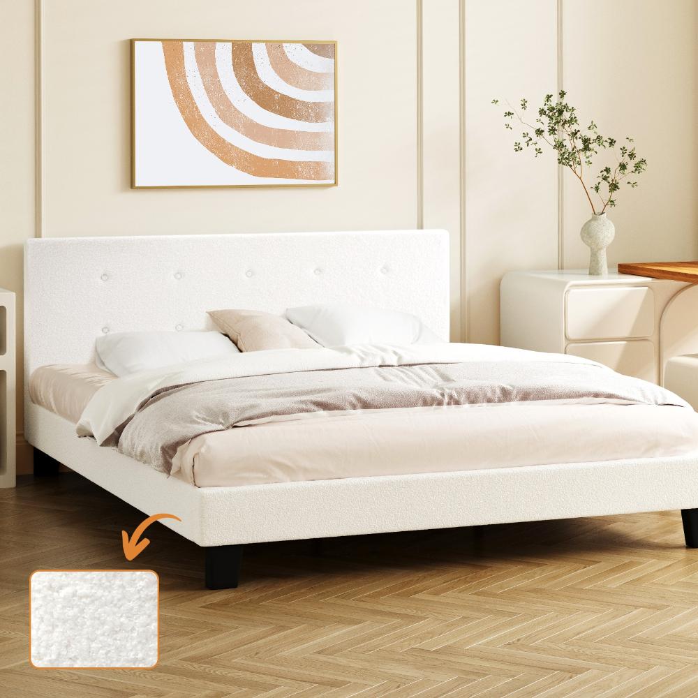 Bed Frame Double Size White Boucle