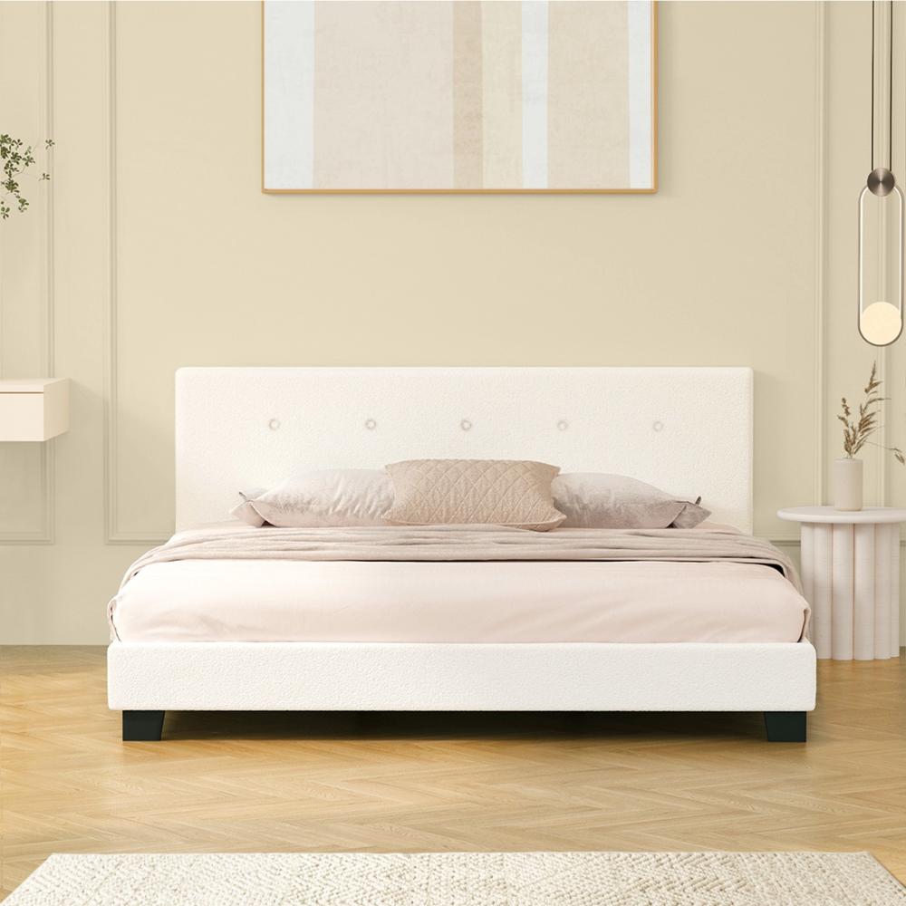 Bed Frame Double Size White Boucle