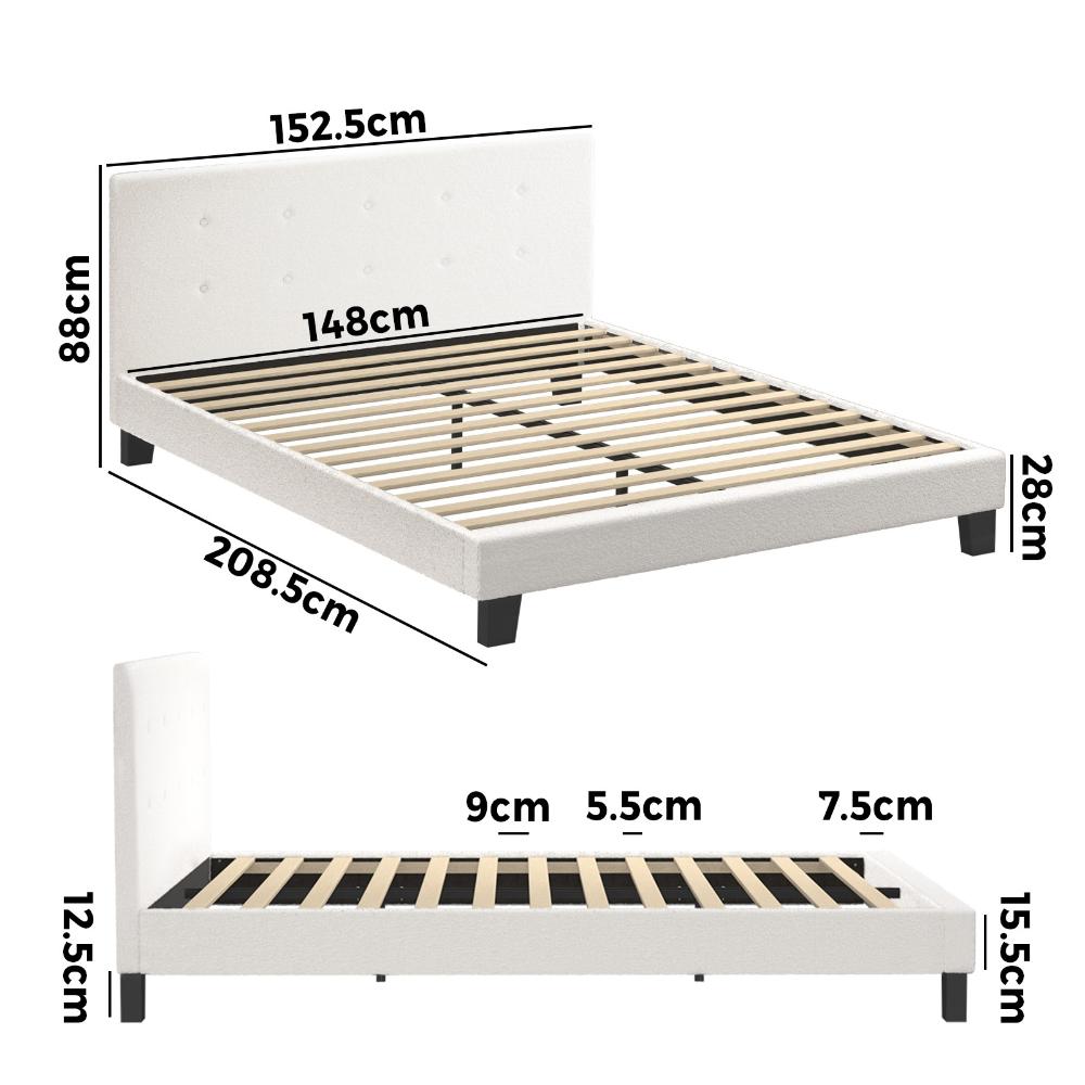 Bed Frame Queen Size White Boucle