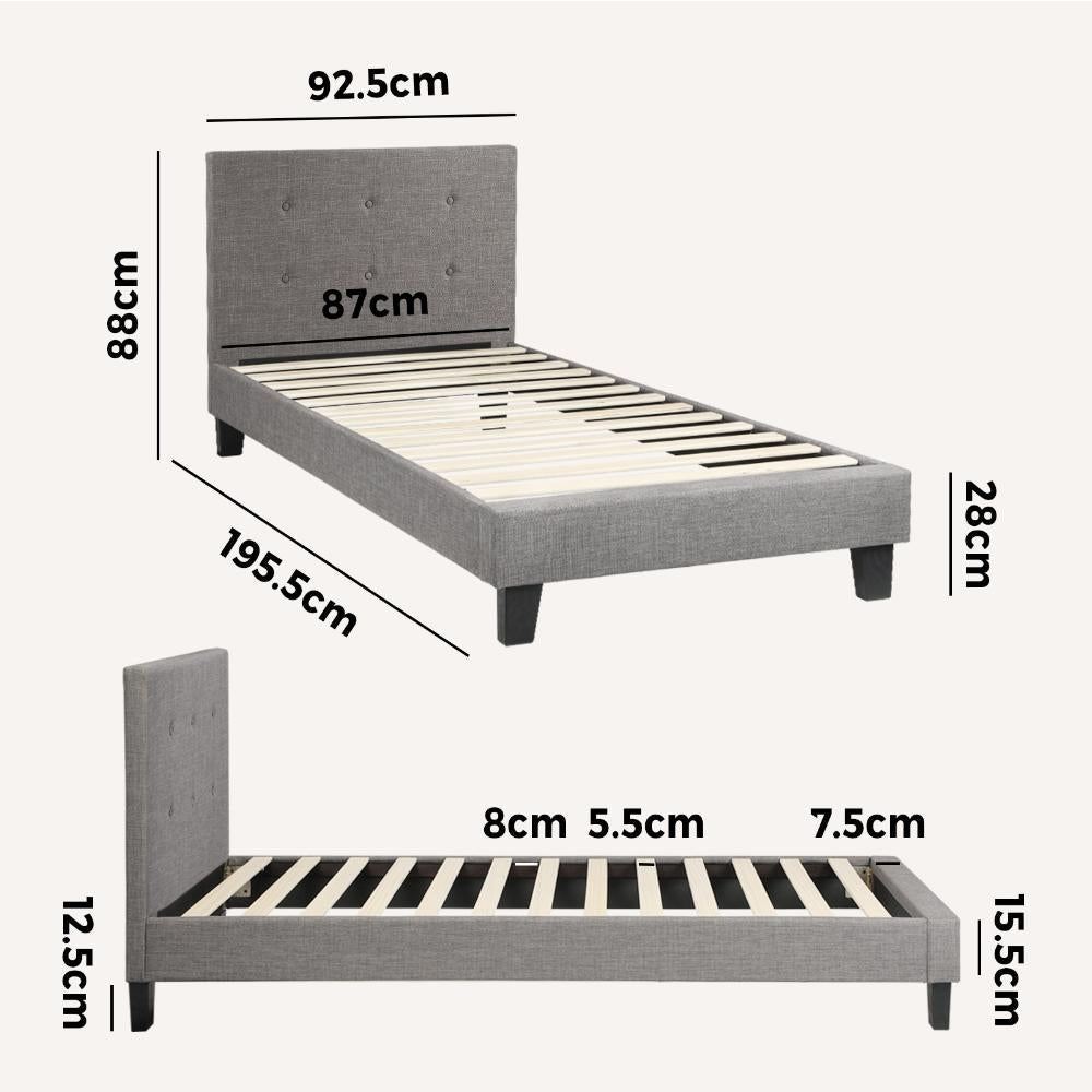 Bed Frame Single Size Wooden Fabric Grey