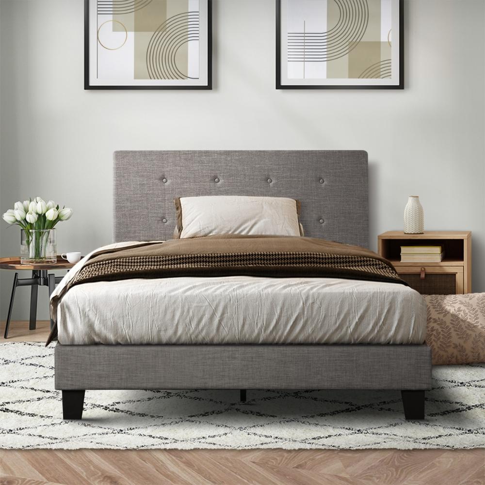 Bed Frame Single Size Wooden Fabric Grey
