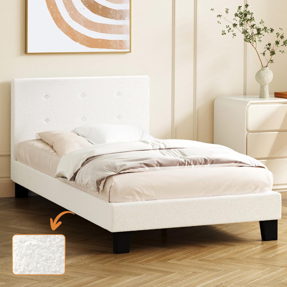 Bed Frame Single Size White Boucle