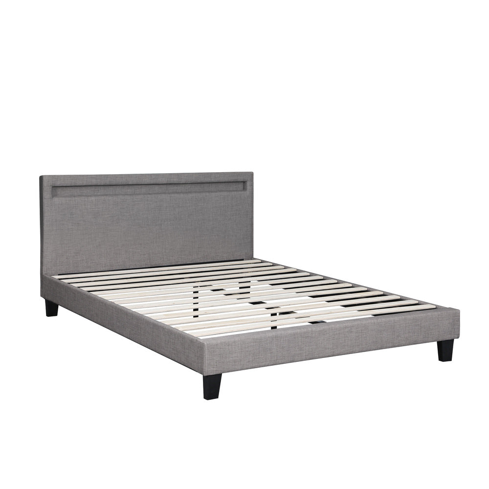 Bed Frame RGB LED Double Size Wooden Grey Fabric