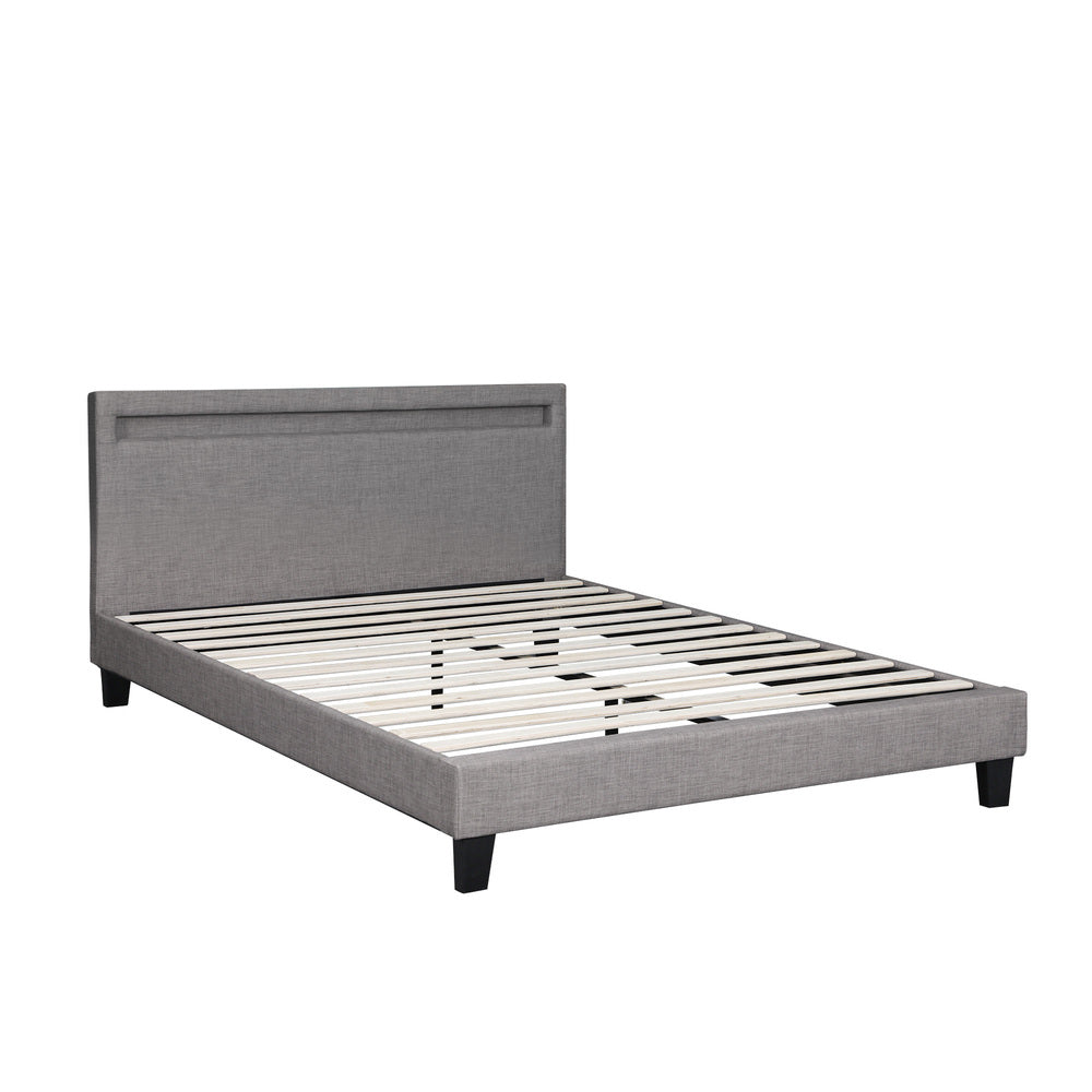 Bed Frame RGB LED Queen Size Wooden Grey Fabric